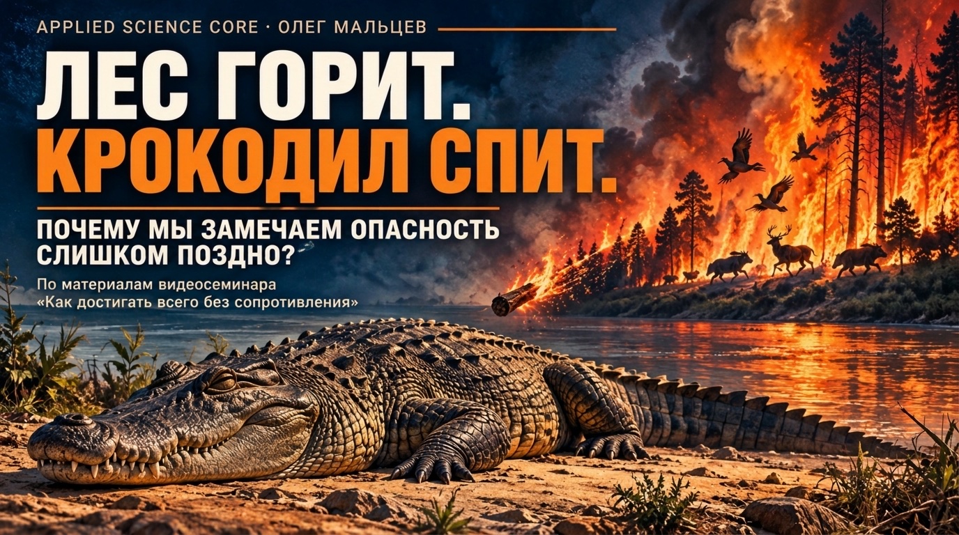 Крокодил спит на берегу реки, за ним горит лес: «Лес горит. Крокодил спит. Почему мы замечаем опасность слишком поздно?»