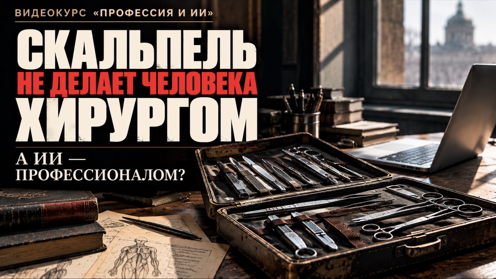 Набор хирургических инструментов и ноутбук на столе: «Скальпель не делает человека хирургом. А ИИ — профессионалом?» Курс «Профессия и ИИ»